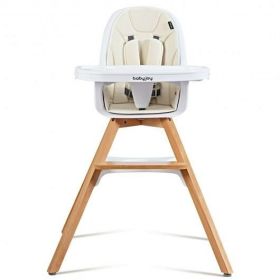 3-in-1 Convertible Wooden Baby High Chair-Beige - Color: Beige