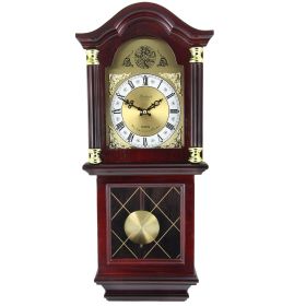 Bedford Clock Collection 26 Inch Chiming Pendulum Wall Clock in Antique Mahogany Cherry Oak Finish