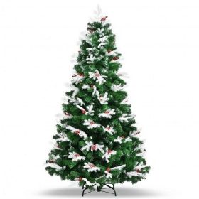 Unlit Snowy Hinged Christmas Tree with Mixed Tips and Red Berries-7' - Color: Green - Size: 7 ft