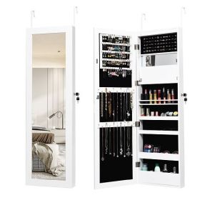 Lockable Wall Door Mounted Mirror Jewelry Cabinet w/LED Lights-White - Color: White